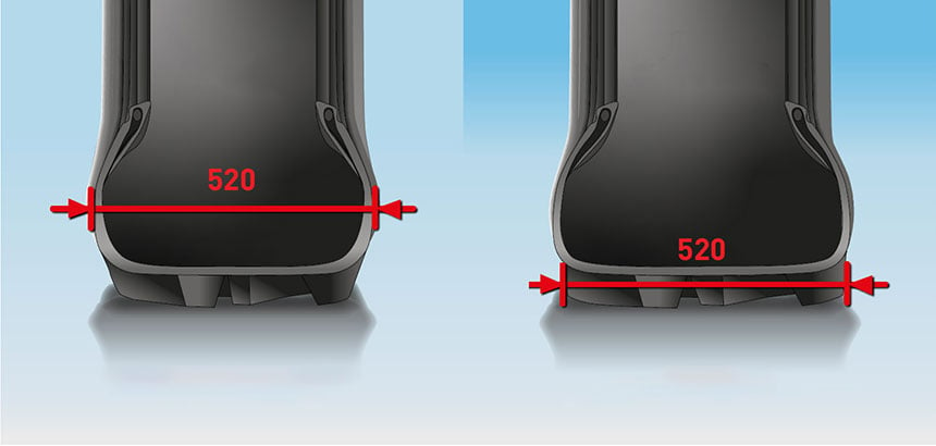 ÀRzeczywista szerokość przekroju opony VX-R TRACTOR, widocznej po prawej, odpowiada jej szerokości nominalnej, przeciwnie niż w widocznej po lewej standardowej oponie